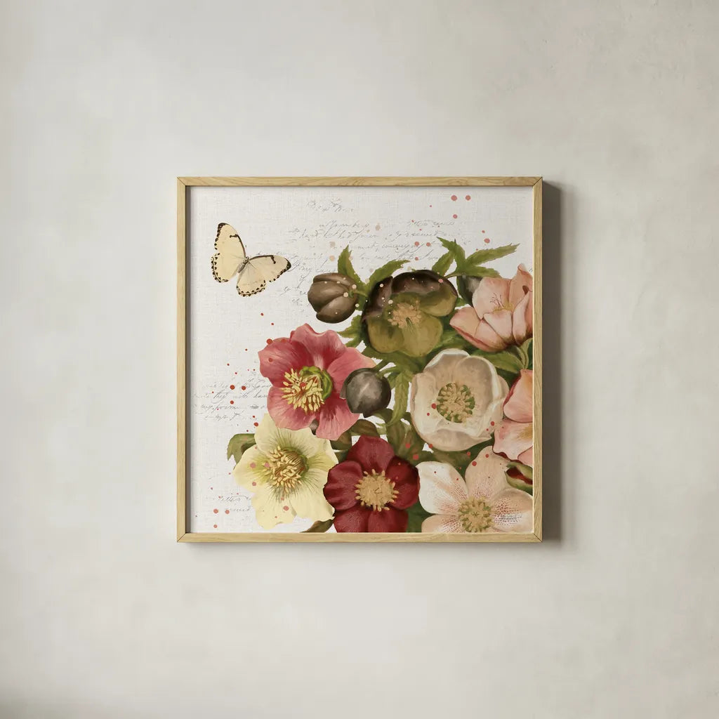 Vintage Petals II by Katie Pertiet. Shown in a natural wood glass frame for a timeless modern aesthetic. Available as an archival giclee rolled canvas, fine art paper, or poster print. SKU 53935a.