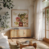 Vintage Petals II by Katie Pertiet. Shown in a natural wood frame in a cozy modern living room. Available as an archival giclee rolled canvas, fine art paper, or poster print. SKU 53935a.