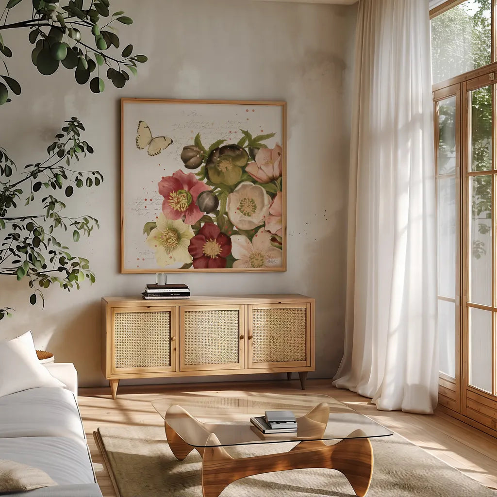 Vintage Petals II by Katie Pertiet. Shown in a natural wood frame in a cozy modern living room. Available as an archival giclee rolled canvas, fine art paper, or poster print. SKU 53935a.