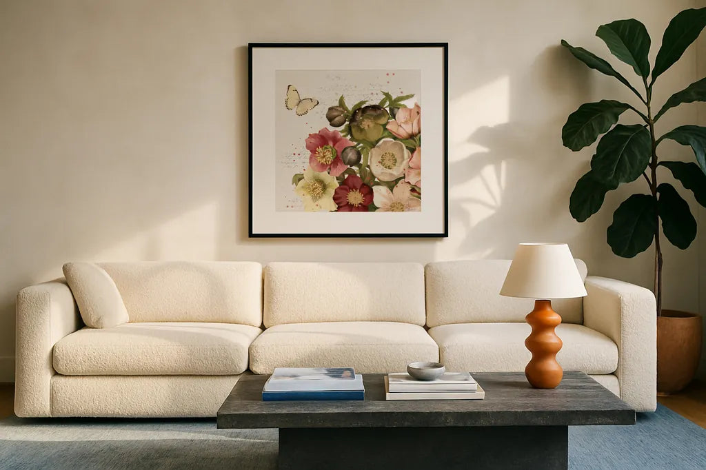 Vintage Petals II by Katie Pertiet. Displayed in a glass frame with matte in a clean modern living room. Available as an archival giclee rolled canvas, fine art paper, or poster print. SKU 53935a.