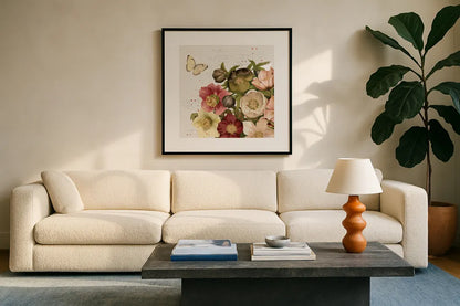 Vintage Petals II by Katie Pertiet. Displayed in a glass frame with matte in a clean modern living room. Available as an archival giclee rolled canvas, fine art paper, or poster print. SKU 53935a.