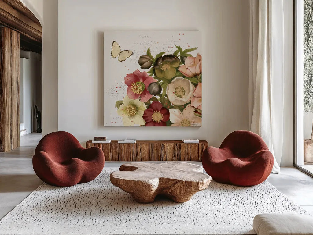 Vintage Petals II by Katie Pertiet. Shown as extra-large giant wall art in a modern living room. Available as an archival giclee rolled canvas, fine art paper, or poster print. SKU 53935a.