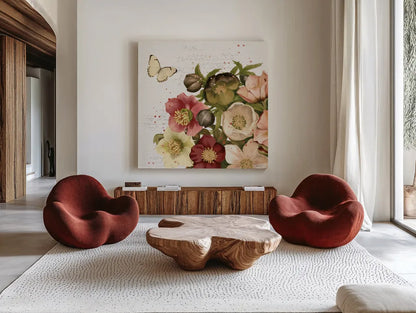 Vintage Petals II by Katie Pertiet. Shown as extra-large giant wall art in a modern living room. Available as an archival giclee rolled canvas, fine art paper, or poster print. SKU 53935a.