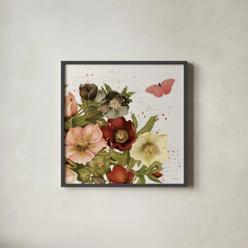 Vintage Petals III by Katie Pertiet. Shown in a sleek black glass frame for a contemporary gallery look. Available as an archival giclee rolled canvas, fine art paper, or poster print. SKU 53936a.
