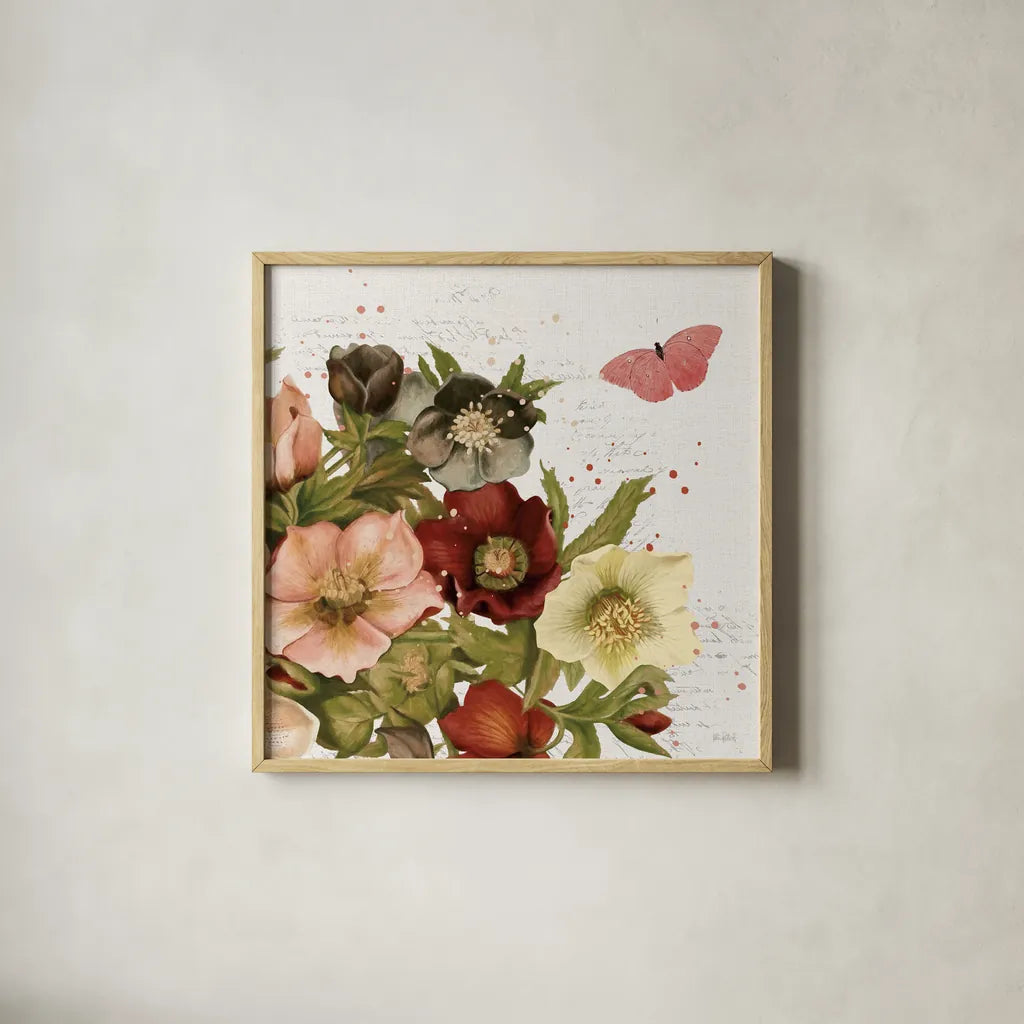 Vintage Petals III by Katie Pertiet. Shown in a natural wood glass frame for a timeless modern aesthetic. Available as an archival giclee rolled canvas, fine art paper, or poster print. SKU 53936a.