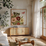 Vintage Petals III by Katie Pertiet. Shown in a natural wood frame in a cozy modern living room. Available as an archival giclee rolled canvas, fine art paper, or poster print. SKU 53936a.