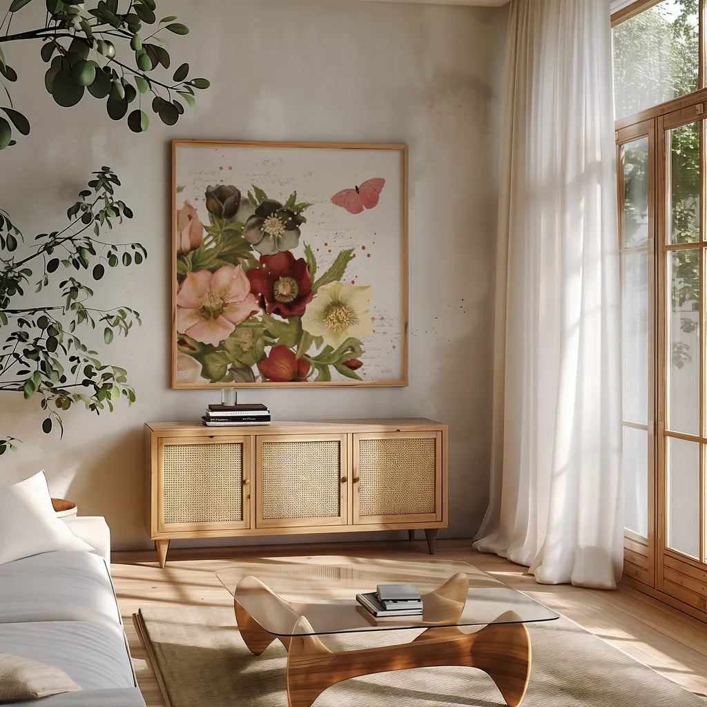 Vintage Petals III by Katie Pertiet. Shown in a natural wood frame in a cozy modern living room. Available as an archival giclee rolled canvas, fine art paper, or poster print. SKU 53936a.