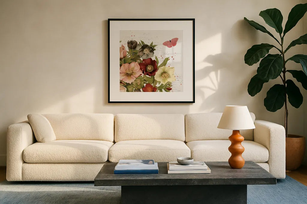 Vintage Petals III by Katie Pertiet. Displayed in a glass frame with matte in a clean modern living room. Available as an archival giclee rolled canvas, fine art paper, or poster print. SKU 53936a.