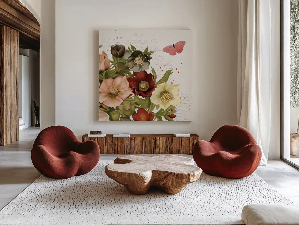 Vintage Petals III by Katie Pertiet. Shown as extra-large giant wall art in a modern living room. Available as an archival giclee rolled canvas, fine art paper, or poster print. SKU 53936a.