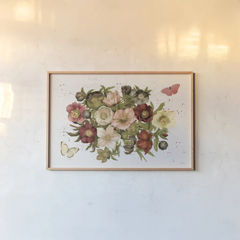 Vintage Petals IV by Katie Pertiet. shown as a paper print in a natural frame. Available as a archival giclee rolled canvas, fine art paper, or poster print. SKU 53937i.
