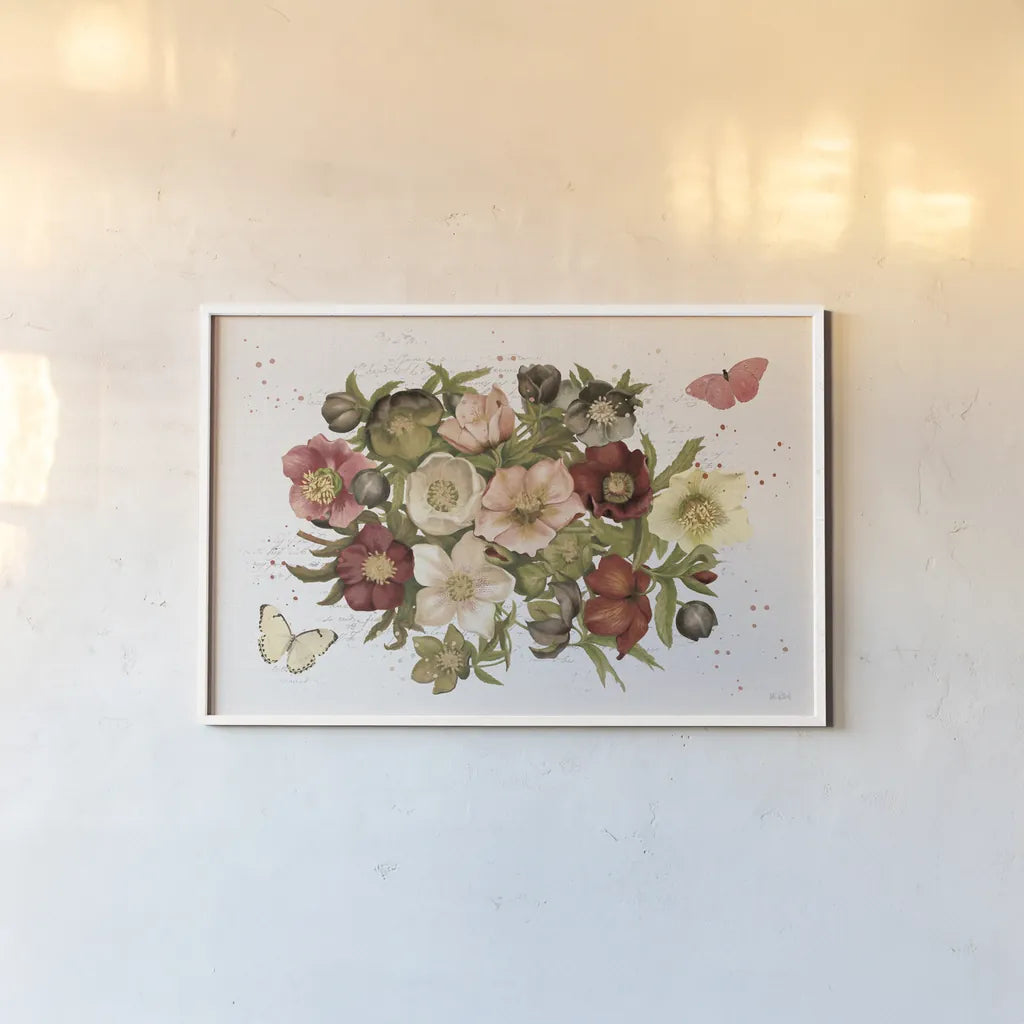 Vintage Petals IV by Katie Pertiet. shown as a paper print in a white frame. Available as a archival giclee rolled canvas, fine art paper, or poster print. SKU 53937i.