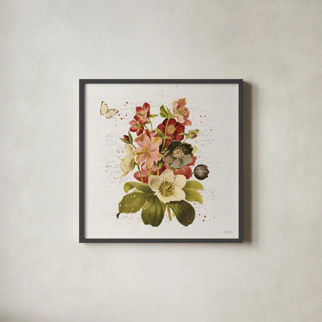 Vintage Petals VI by Katie Pertiet. Shown in a sleek black glass frame for a contemporary gallery look. Available as an archival giclee rolled canvas, fine art paper, or poster print. SKU 53939a.