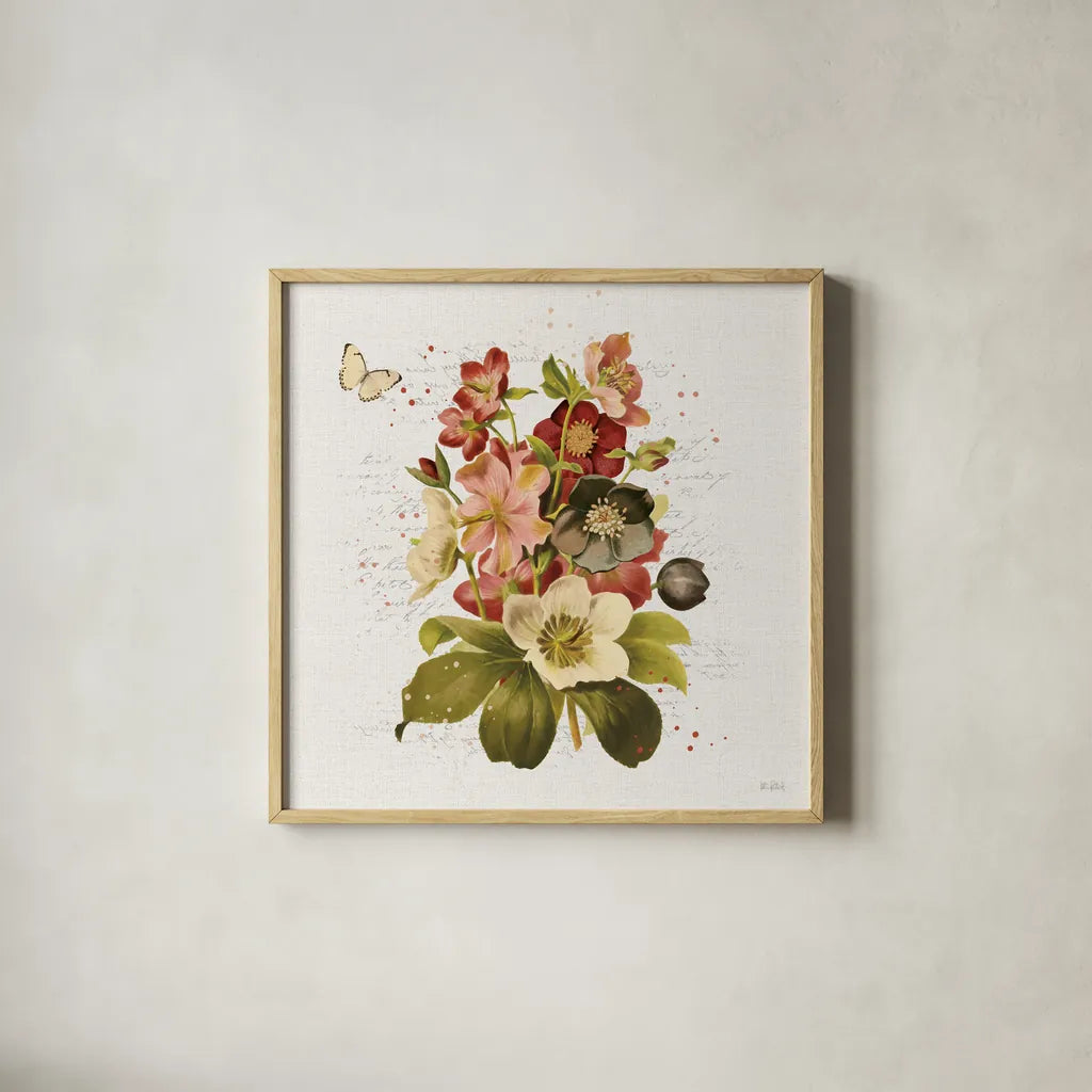 Vintage Petals VI by Katie Pertiet. Shown in a natural wood glass frame for a timeless modern aesthetic. Available as an archival giclee rolled canvas, fine art paper, or poster print. SKU 53939a.