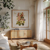 Vintage Petals VI by Katie Pertiet. Shown in a natural wood frame in a cozy modern living room. Available as an archival giclee rolled canvas, fine art paper, or poster print. SKU 53939a.