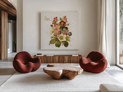 Vintage Petals VI by Katie Pertiet. Shown as extra-large giant wall art in a modern living room. Available as an archival giclee rolled canvas, fine art paper, or poster print. SKU 53939a.