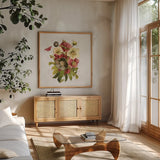 Vintage Petals VII by Katie Pertiet. Shown in a natural wood frame in a cozy modern living room. Available as an archival giclee rolled canvas, fine art paper, or poster print. SKU 76253a.