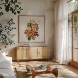 Vintage Petals VIII by Katie Pertiet. Shown in a natural wood frame in a cozy modern living room. Available as an archival giclee rolled canvas, fine art paper, or poster print. SKU 76254a.