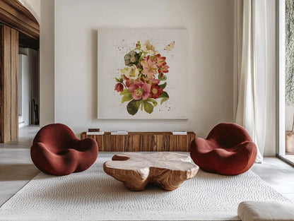 Vintage Petals VIII by Katie Pertiet. Shown as extra-large giant wall art in a modern living room. Available as an archival giclee rolled canvas, fine art paper, or poster print. SKU 76254a.