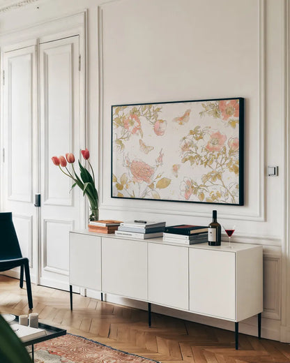 Watery Blooms I by Katie Pertiet. shown as a framed stretched canvas in a living room above a console. Available as a archival giclee rolled canvas, fine art paper, or poster print. SKU 33448i.