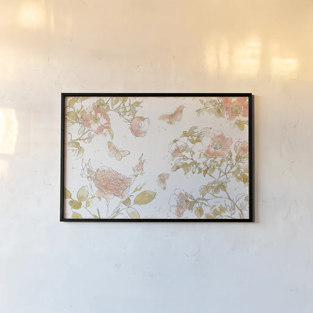 Watery Blooms I by Katie Pertiet. shown as a paper print in a black flame. Available as a archival giclee rolled canvas, fine art paper, or poster print. SKU 33448i.