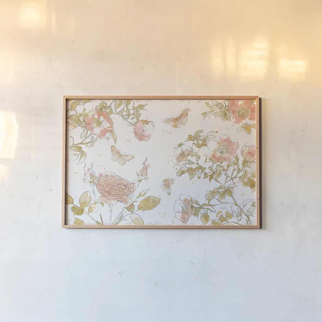 Watery Blooms I by Katie Pertiet. shown as a paper print in a natural frame. Available as a archival giclee rolled canvas, fine art paper, or poster print. SKU 33448i.