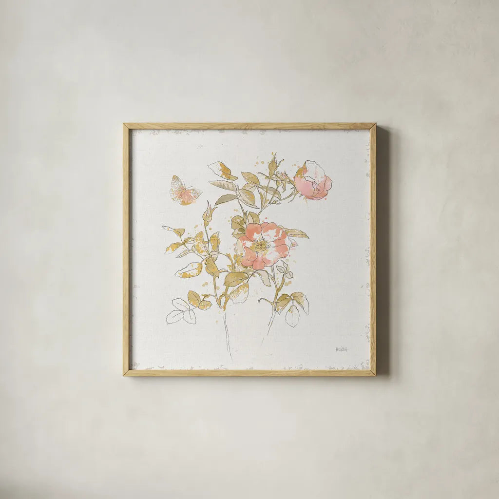 Watery Blooms V by Katie Pertiet. Shown in a natural wood glass frame for a timeless modern aesthetic. Available as an archival giclee rolled canvas, fine art paper, or poster print. SKU 33452a.