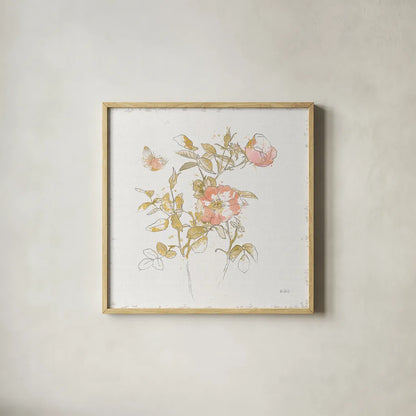 Watery Blooms V by Katie Pertiet. Shown in a natural wood glass frame for a timeless modern aesthetic. Available as an archival giclee rolled canvas, fine art paper, or poster print. SKU 33452a.