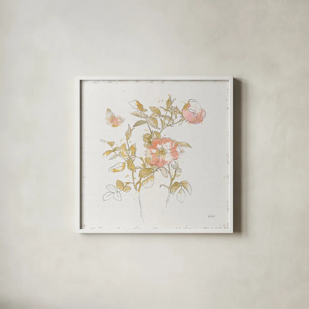 Watery Blooms V by Katie Pertiet. Shown in a crisp white glass frame for a clean and minimalist style. Available as an archival giclee rolled canvas, fine art paper, or poster print. SKU 33452a.