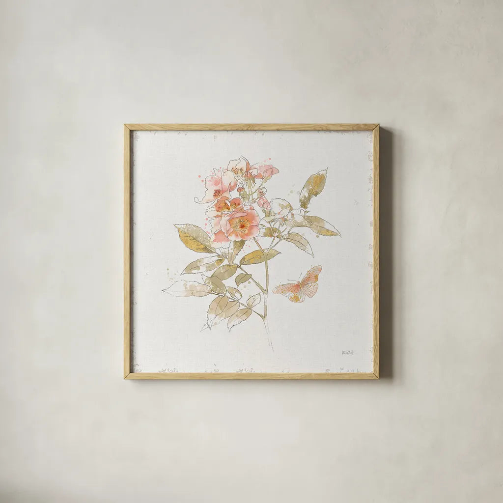 Watery Blooms VI by Katie Pertiet. Shown in a natural wood glass frame for a timeless modern aesthetic. Available as an archival giclee rolled canvas, fine art paper, or poster print. SKU 33453a.