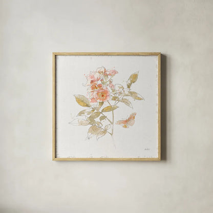 Watery Blooms VI by Katie Pertiet. Shown in a natural wood glass frame for a timeless modern aesthetic. Available as an archival giclee rolled canvas, fine art paper, or poster print. SKU 33453a.