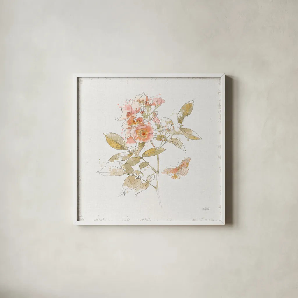 Watery Blooms VI by Katie Pertiet. Shown in a crisp white glass frame for a clean and minimalist style. Available as an archival giclee rolled canvas, fine art paper, or poster print. SKU 33453a.