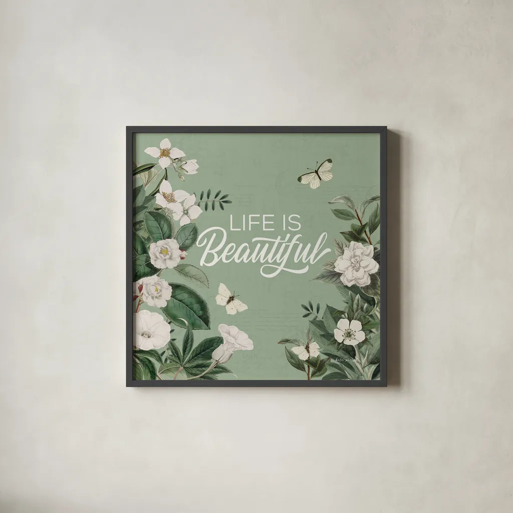 Weathered Garden III by Katie Pertiet. Shown in a sleek black glass frame for a contemporary gallery look. Available as an archival giclee rolled canvas, fine art paper, or poster print. SKU 87951a.