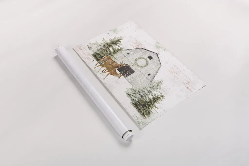 Wooded Holiday I - Festive Reindeer by Katie Pertiet. shown as a rolled paper print. Available as archival giclee rolled canvas, fine art paper, or poster print. SKU 58401i.