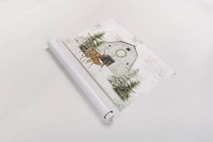 Wooded Holiday I - Festive Reindeer by Katie Pertiet. shown as a rolled paper print. Available as archival giclee rolled canvas, fine art paper, or poster print. SKU 58401i.