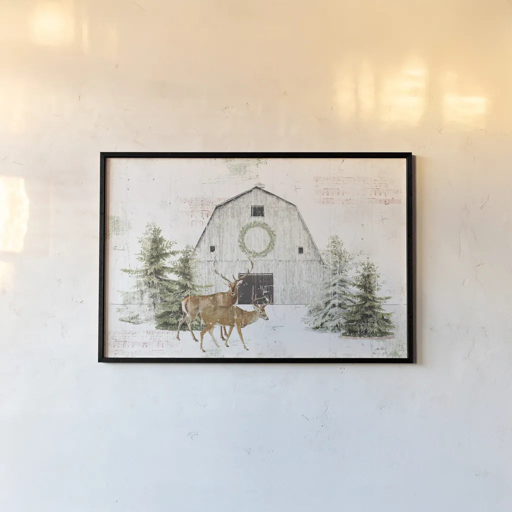 Wooded Holiday I - Festive Reindeer by Katie Pertiet. shown as a paper print in a black flame. Available as a archival giclee rolled canvas, fine art paper, or poster print. SKU 58401i.