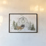 Wooded Holiday I - Festive Reindeer by Katie Pertiet. shown as a paper print in a black flame. Available as a archival giclee rolled canvas, fine art paper, or poster print. SKU 58401i.