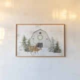 Wooded Holiday I - Festive Reindeer by Katie Pertiet. shown as a paper print in a natural frame. Available as a archival giclee rolled canvas, fine art paper, or poster print. SKU 58401i.