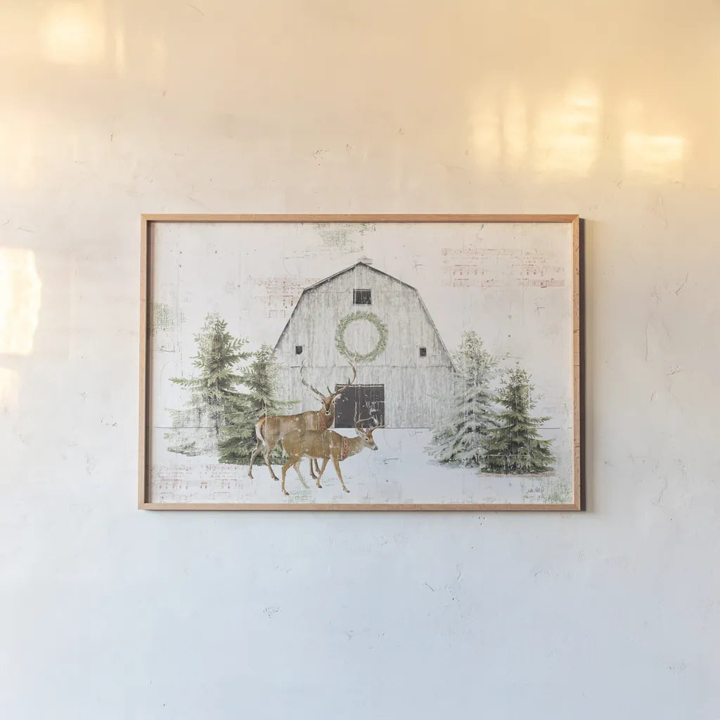 Wooded Holiday I - Festive Reindeer by Katie Pertiet. shown as a paper print in a natural frame. Available as a archival giclee rolled canvas, fine art paper, or poster print. SKU 58401i.