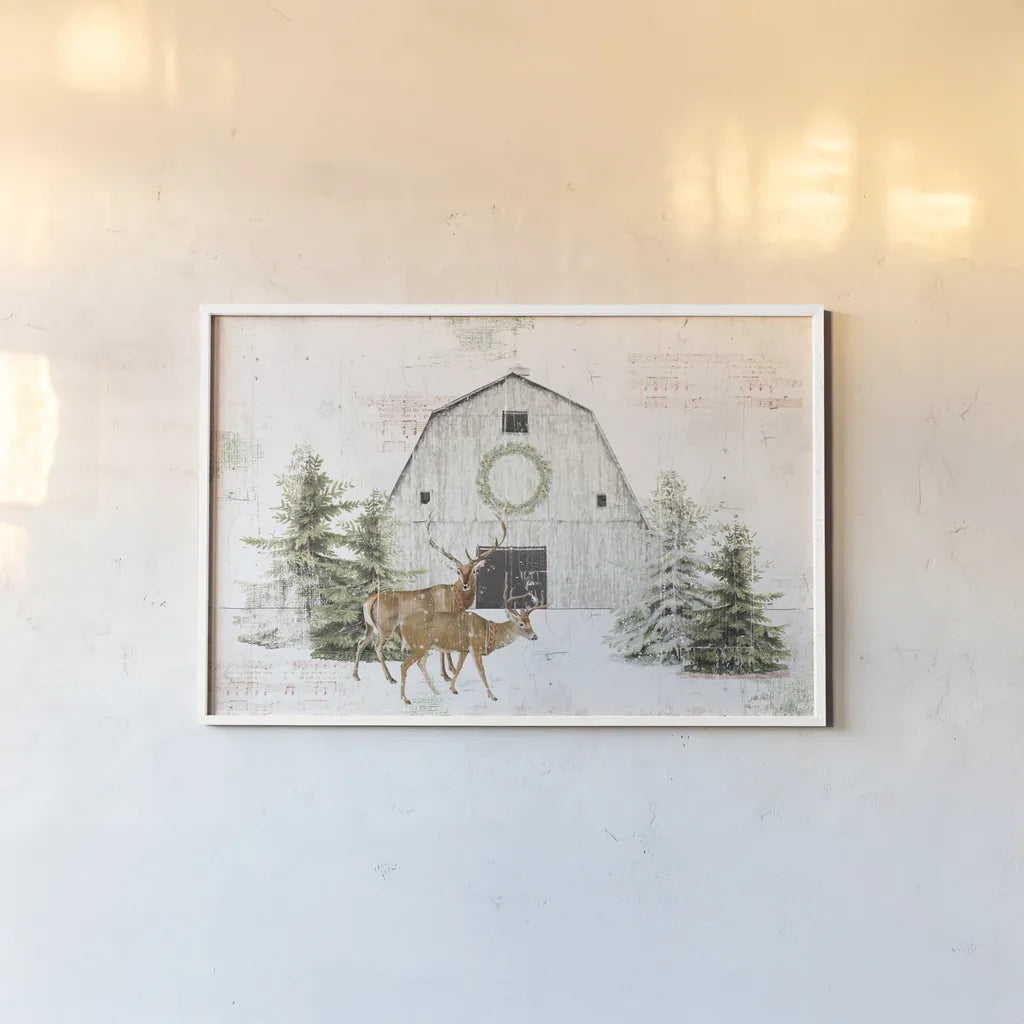 Wooded Holiday I - Festive Reindeer by Katie Pertiet. shown as a paper print in a white frame. Available as a archival giclee rolled canvas, fine art paper, or poster print. SKU 58401i.
