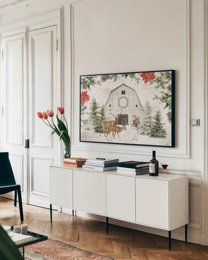 Wooded Holiday I by Katie Pertiet. shown as a framed stretched canvas in a living room above a console. Available as a archival giclee rolled canvas, fine art paper, or poster print. SKU 52255i.