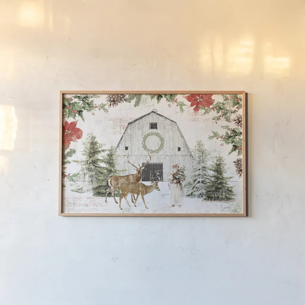 Wooded Holiday I by Katie Pertiet. shown as a paper print in a natural frame. Available as a archival giclee rolled canvas, fine art paper, or poster print. SKU 52255i.