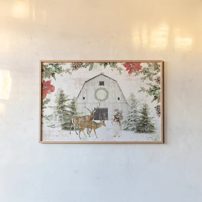 Wooded Holiday I by Katie Pertiet. shown as a paper print in a natural frame. Available as a archival giclee rolled canvas, fine art paper, or poster print. SKU 52255i.