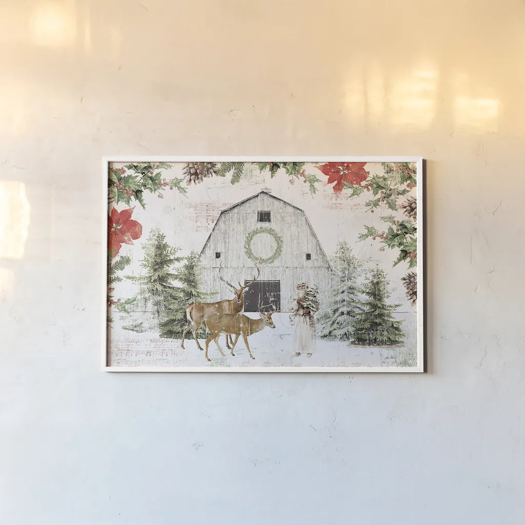 Wooded Holiday I by Katie Pertiet. shown as a paper print in a white frame. Available as a archival giclee rolled canvas, fine art paper, or poster print. SKU 52255i.