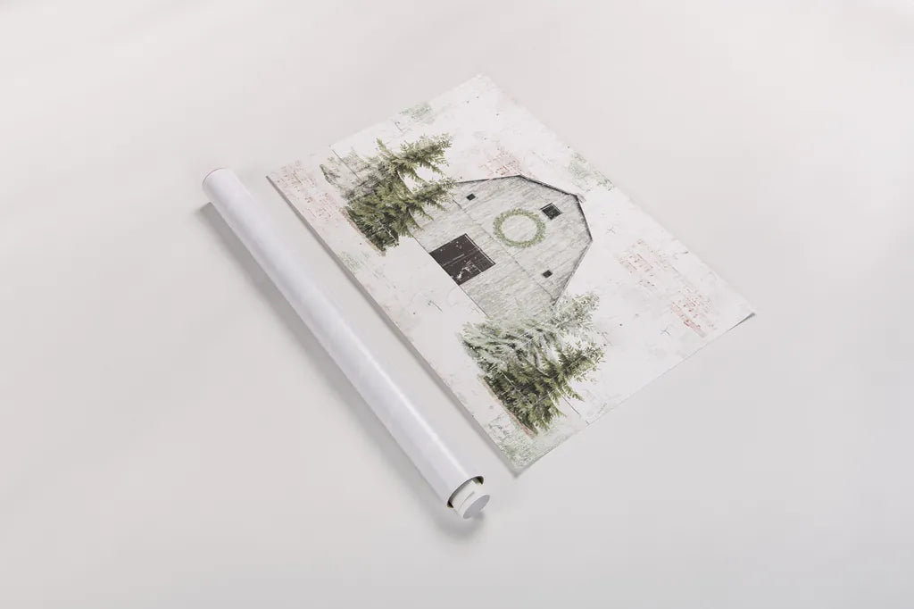 Wooded Holiday I Barn by Katie Pertiet. shown as a rolled paper print. Available as archival giclee rolled canvas, fine art paper, or poster print. SKU 66636i.