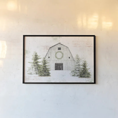 Wooded Holiday I Barn by Katie Pertiet. shown as a paper print in a black flame. Available as a archival giclee rolled canvas, fine art paper, or poster print. SKU 66636i.