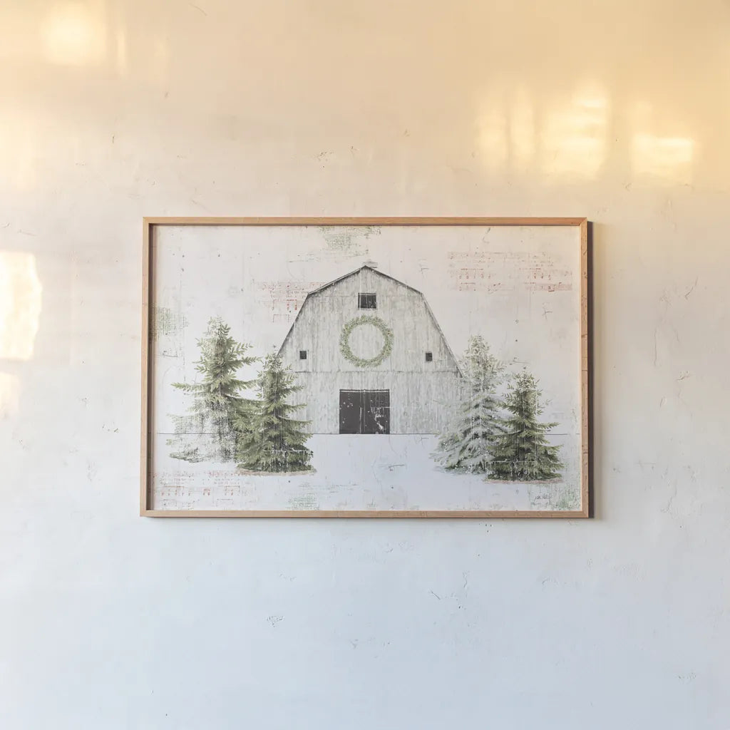 Wooded Holiday I Barn by Katie Pertiet. shown as a paper print in a natural frame. Available as a archival giclee rolled canvas, fine art paper, or poster print. SKU 66636i.