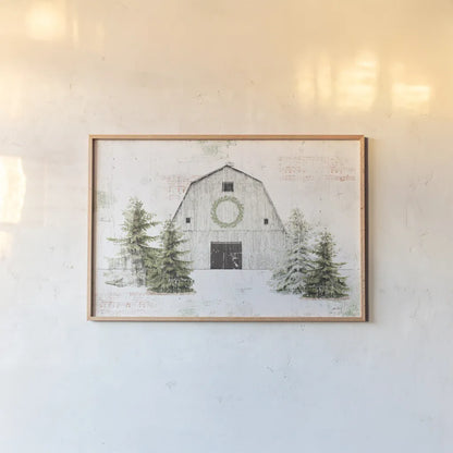 Wooded Holiday I Barn by Katie Pertiet. shown as a paper print in a natural frame. Available as a archival giclee rolled canvas, fine art paper, or poster print. SKU 66636i.