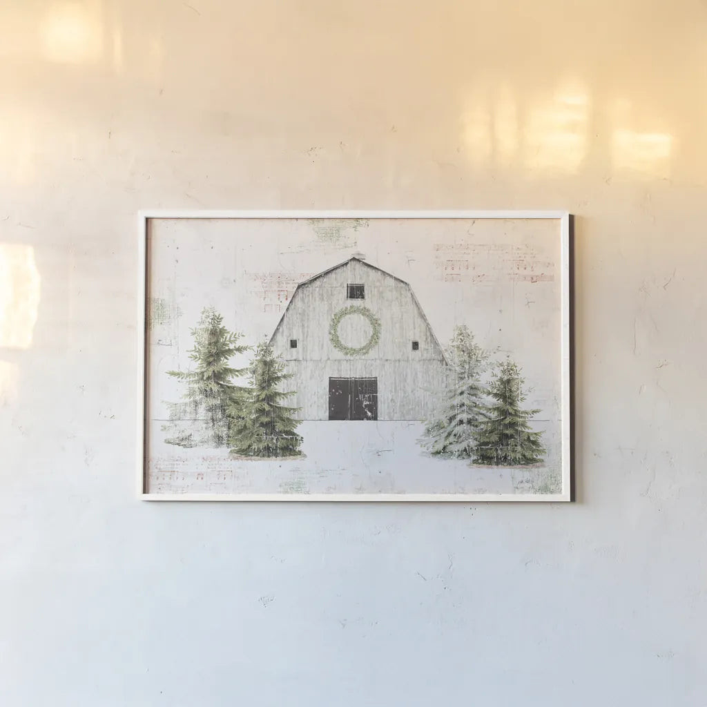 Wooded Holiday I Barn by Katie Pertiet. shown as a paper print in a white frame. Available as a archival giclee rolled canvas, fine art paper, or poster print. SKU 66636i.