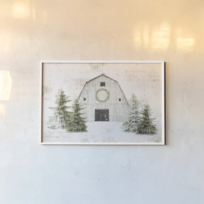 Wooded Holiday I Barn by Katie Pertiet. shown as a paper print in a white frame. Available as a archival giclee rolled canvas, fine art paper, or poster print. SKU 66636i.