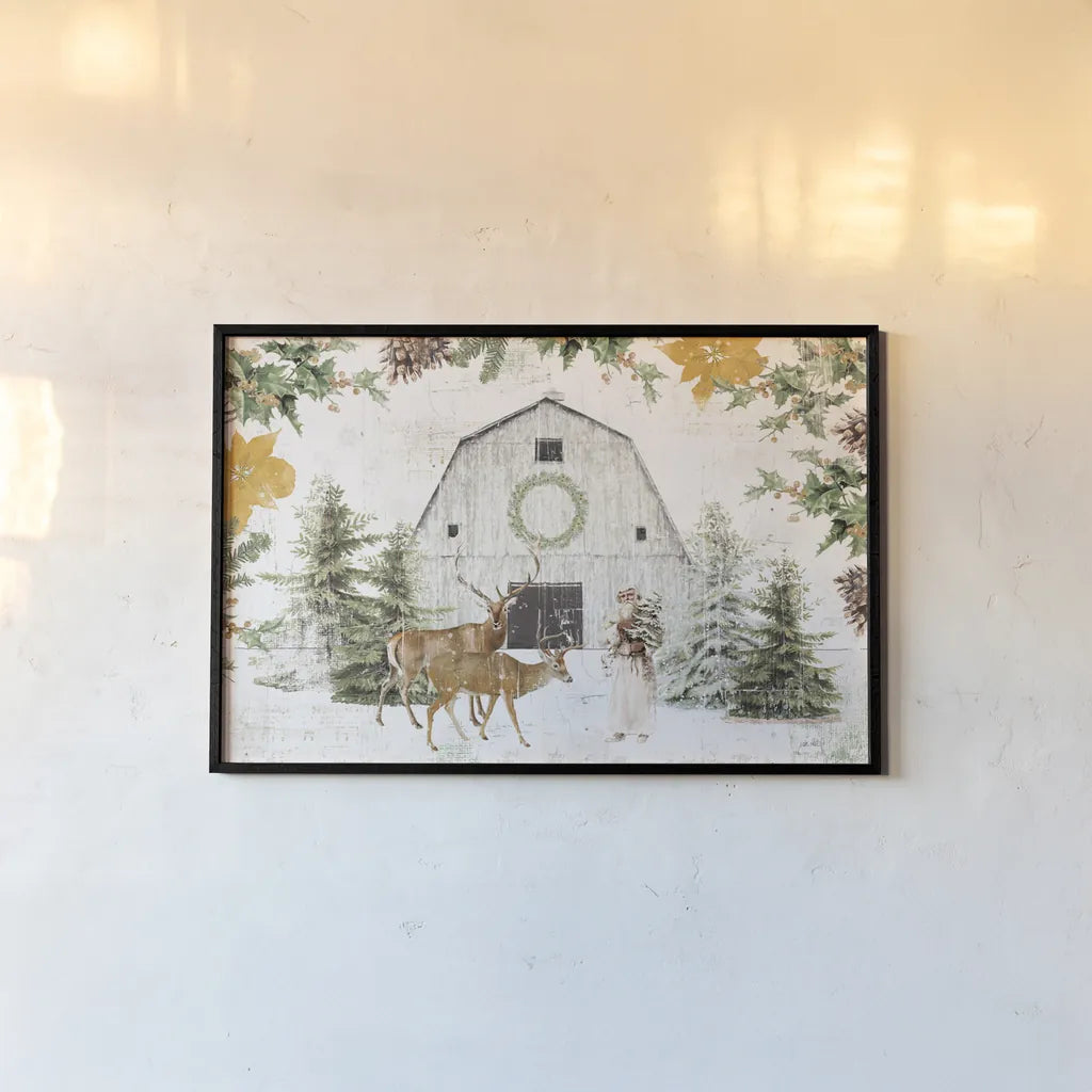 Wooded Holiday I Gold by Katie Pertiet. shown as a paper print in a black flame. Available as a archival giclee rolled canvas, fine art paper, or poster print. SKU 57733i.